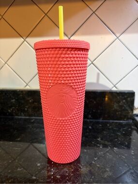 Starbucks Coral Studded Tumbler with Yellow Straw LIMITED EDITION COLOR